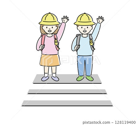 兒童在人行道上左顧右盼的插畫（女孩、男孩）2 128119400