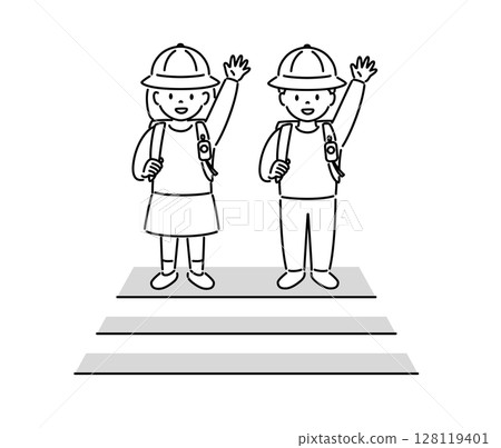 孩子們在人行道上左顧右盼的插圖（女孩、男孩）_線條畫 128119401