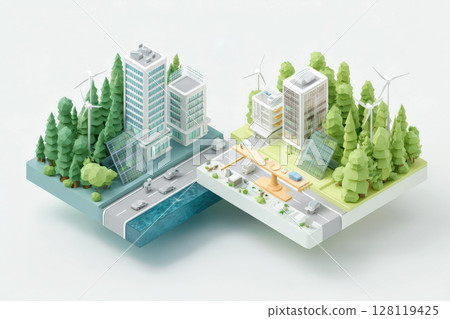 Isometric 3D model of a carbon-neutral city 128119425