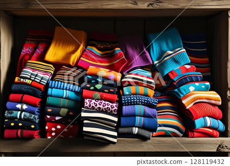 Many colorful socks on a wooden shelf 128119432