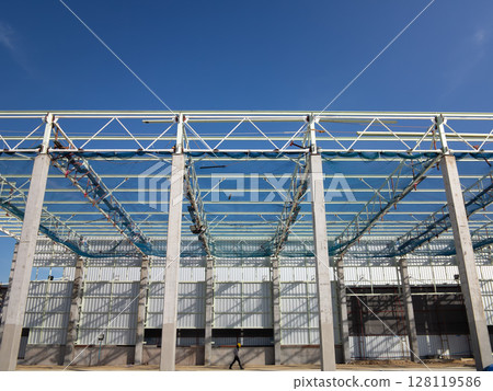 Roof construction for factory warehouse. Roof construction for factory warehouse. 128119586