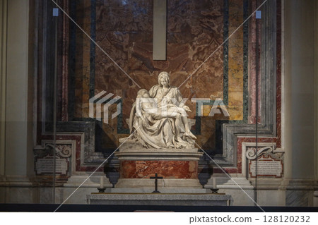 The Pieta Carrara marble sculpture by Michelangelo Buonarroti in Saint Peter's Basilica, Vatican City. May 12, 2025 The Pieta Carrara marble sculpture by Michelangelo Buonarroti in Saint Peter's Basilica, Vatican City. May 12, 2025 128120232