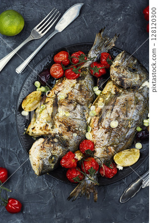 Grilled dorado fish with lemon, rosemary and vegetables. Grilled dorado fish with lemon, rosemary and vegetables. 128120300