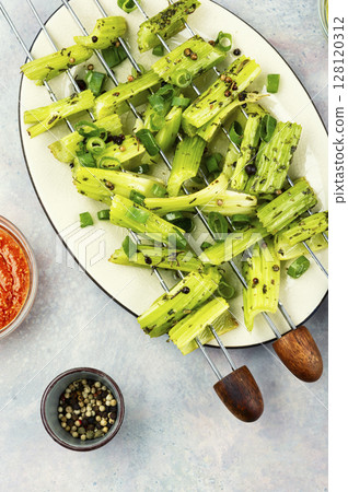 Vegan shashlik, celery stalks. Vegan shashlik, celery stalks. 128120312
