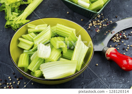 A fresh crisp celery stalk. 128120314