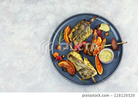 Grilled Alaskan pollock fish. Grilled Alaskan pollock fish. 128120320