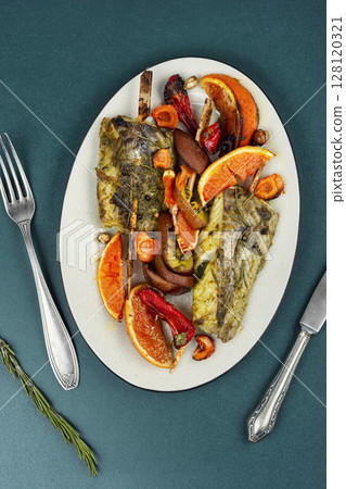 Fried fish fillet sliced for steak. 128120321