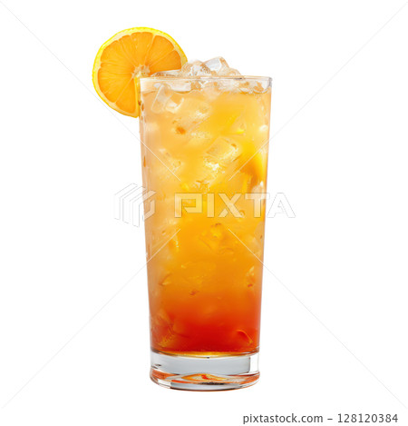 glass of iced orange-red cocktail 128120384
