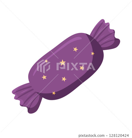 Wrapped purple candy with yellow stars, flat style, sweet treats or festive confectionery 128120424