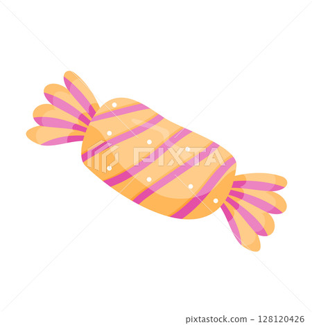 Wrapped orange candy with pink stripes and white dots, in flat style, sweet treats and confectionery 128120426