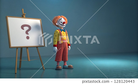 Cartoon clown standing next to an easel with a question mark on it in a studio setting Cartoon clown standing next to an easel with a question mark on it in a studio setting 128120443