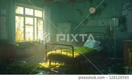 Abandoned hospital bed with plants and mold, anime style 128120593