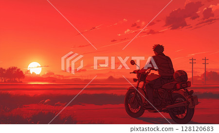 Motorcycle running towards the sunset, anime style, copy space 128120683