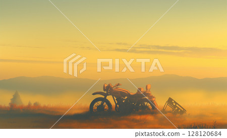 Bike parked in the misty mountains, anime style 128120684
