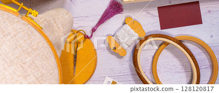Accessories for hobby. Hoop snaps, scissors, threads, needles and scissors. Vintage tools for embroidery and knitting Accessories for hobby. Hoop snaps, scissors, threads, needles and scissors. Vintage tools for embroidery and knitting 128120817