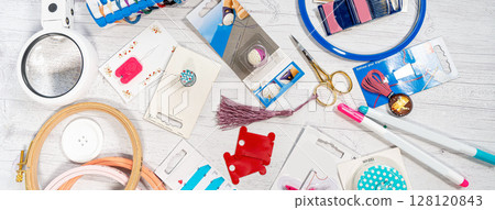 Accessories for hobbies. Needles, threads, hoops snaps, marker, stick for knitting and embroidery 128120843
