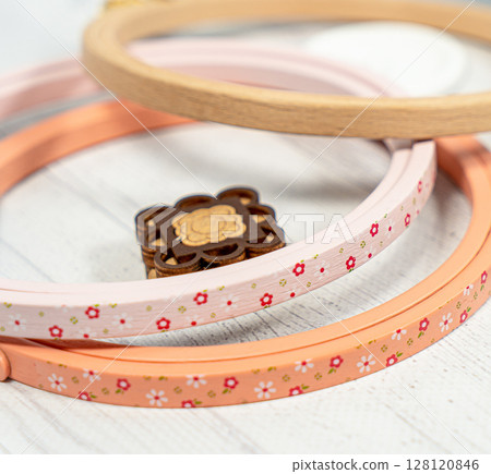 Accessories for hobbies. Needles, threads, hoops snaps, marker, stick for knitting and embroidery 128120846