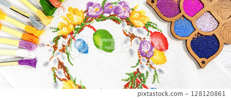 Fabric embroidered Easter wreath with beads of hobby thread 128120861