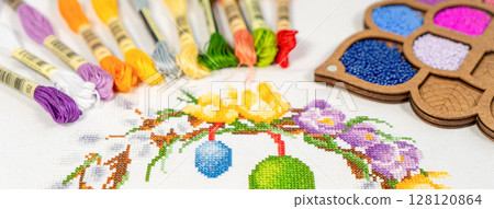 Palette of thread colors. Threads for embroidery knitting Palette of thread colors. Threads for embroidery knitting 128120864