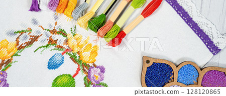 Palette of thread colors. Threads for embroidery knitting Palette of thread colors. Threads for embroidery knitting 128120865