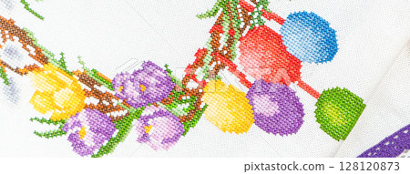 Fabric embroidered Easter wreath with beads of hobby thread Fabric embroidered Easter wreath with beads of hobby thread 128120873