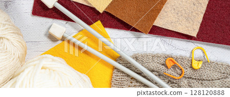 Threads in reels. Colored bobbins for embroidery knitting hobby accessories creativity. 128120888