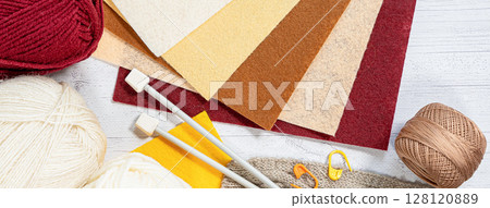 Threads in reels. Colored bobbins for embroidery knitting hobby accessories creativity. 128120889
