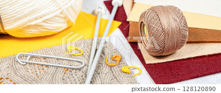 Threads in reels. Colored bobbins for embroidery knitting hobby accessories creativity. 128120890