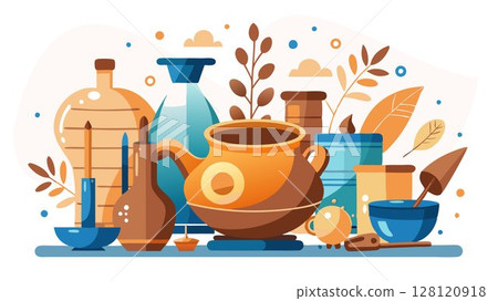 This image embodies the creative process of pottery art, highlighting the essential tools used by ceramic artists to shape and refine clay, providing a visually engaging image for pottery publication 128120918