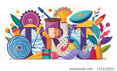This image embodies the creative process of textile art, showcasing the essential tools used by textile artists to shape, dye, weave, and embellish fabrics, providing a visually engaging image for te 128120920