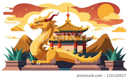 This image showcases a golden dragon statue in front of a traditional Chinese temple at sunset, emphasizing the dragon's powerful presence, the intricate details of the temple architecture, and the o 128120927