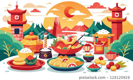 The image portrays a lavish Chinese New Year feast spread outdoors, highlighting the variety of traditional dishes, the rich colors, and the stunning natural backdrop, creating a visually appealing a 128120928