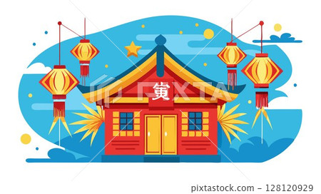 The image portrays firecrackers hanging from an old wooden house against a backdrop of a vivid blue sky, creating a visually appealing and versatile image suitable for various applications, including 128120929