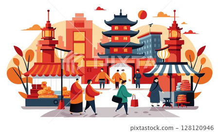 Ancient buildings cast long shadows over a busy street where Lunar New Year goods are sold by enthusiastic street vendors, a captivating blend of historical charm and festive commerce. 128120946