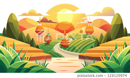 As the sun dips below the horizon, casting a warm golden glow over a rice terrace decorated with colorful New Year ornaments, a breathtaking sunset creates a magical scene that blends natural beauty 128120974