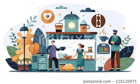 A community-focused coffee shop concept incorporating local art displays, open mic nights, and collaborative workspace options, fostering a sense of belonging and attracting a diverse clientele, lead 128120975