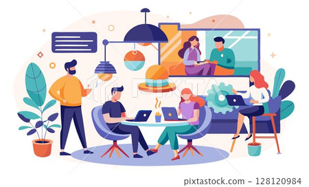 A creative coworking space concept featuring unique design elements, comfortable seating, breakout rooms, and event spaces, fostering creativity and collaboration among diverse professionals, providi A creative coworking space concept featuring unique design elements, comfortable seating, breakout rooms, and event spaces, fostering creativity and collaboration among diverse professionals, providi 128120984