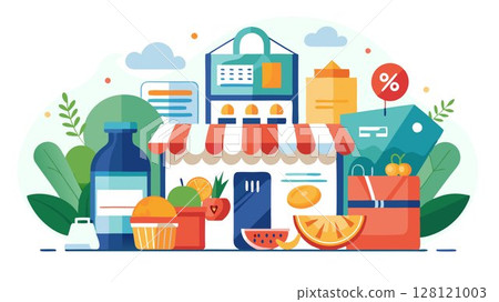 A budget-friendly grocery store concept offering affordable prices, a wide variety of everyday essentials, and convenient shopping options, attracting budget-conscious shoppers seeking value for mone A budget-friendly grocery store concept offering affordable prices, a wide variety of everyday essentials, and convenient shopping options, attracting budget-conscious shoppers seeking value for mone 128121003