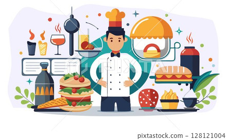 A creative catering business concept specializing in unique and innovative menu designs, visually appealing food presentations, and customized event theming, creating memorable and impactful catering 128121004