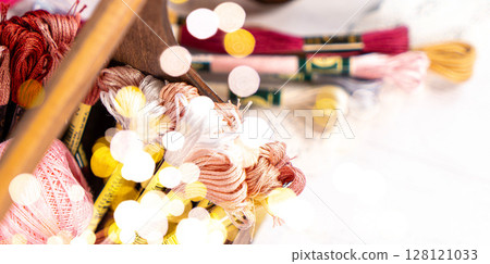 Threads in reels. Colored bobbins for embroidery knitting hobby accessories creativity. 128121033