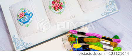 Threads for embroidery. Embroidered picture. Set for beading. Threads for embroidery. Embroidered picture. Set for beading. 128121044