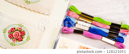 Palette of thread colors. Threads for embroidery knitting 128121051