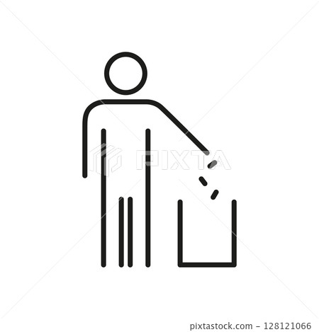 Person Throwing Trash In Bin Line Icon. Waste Disposal And Environmental Responsibility Outline Symbol. Cleanliness And Recycling Sign. Editable Stroke. Isolated Vector Illustration 128121066