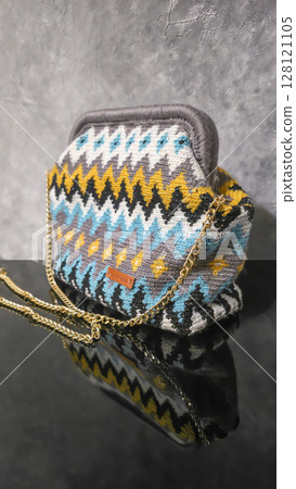 Bag crocheted from multi-colored threads Yellow with gray black and other colors 128121105