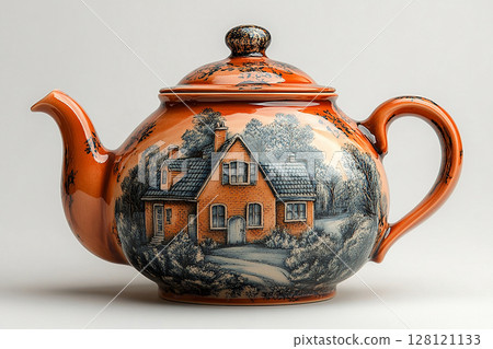 Ceramic teapot in shape of a house in a rustic style on a white background. 128121133