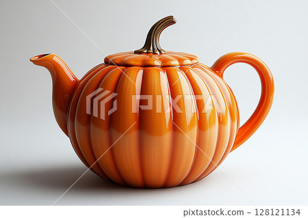 Ceramic teapot in shape of a orange pumpkin in a classic style on a white background. 128121134
