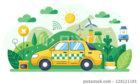 A sustainable taxi service concept prioritizing fuel-efficient vehicles, eco-friendly driving practices, and reduced emissions, appealing to environmentally conscious customers and promoting responsi 128121185