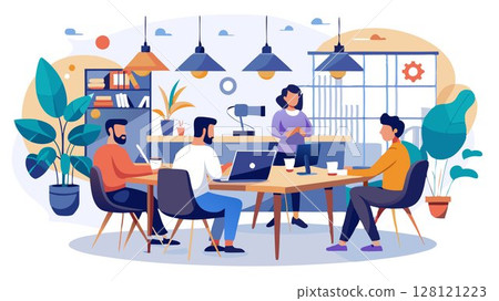 A modern coworking space for freelancers featuring a stylish and functional design, collaborative work areas, private booths, and comfortable common areas, creating an attractive and productive envir A modern coworking space for freelancers featuring a stylish and functional design, collaborative work areas, private booths, and comfortable common areas, creating an attractive and productive envir 128121223