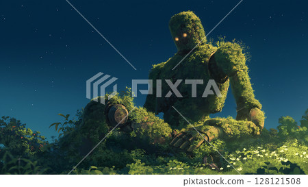 Broken giant robot on the night earth, anime style 128121508