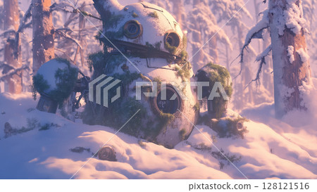 Abandoned broken robot in winter forest, anime style 128121516